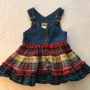 Rachel’s Kids Multi Media Red Plaid Mixture & Blue Denim Overalls Dress 4 Girl’s